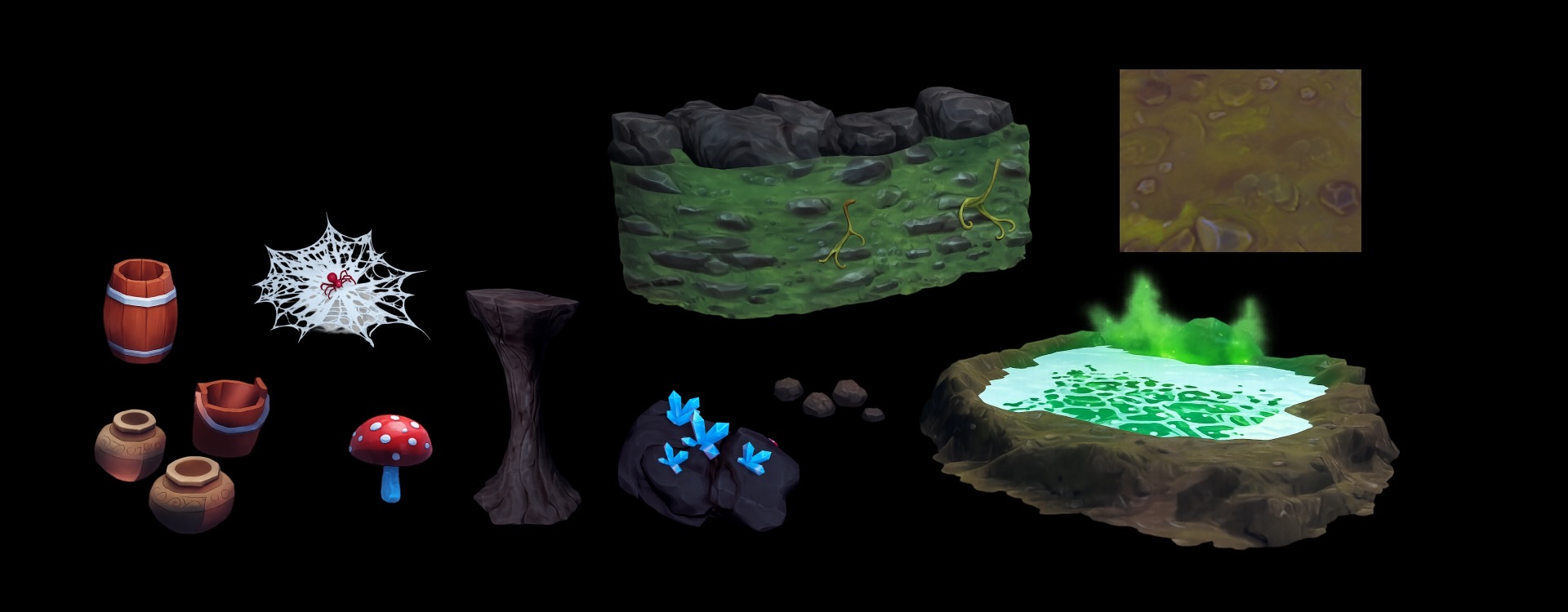 Environment assets: walls, crystals, props and the gas pool